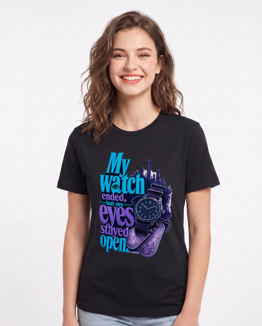 Veteran Women's Black T-Shirt – My watch ended, but my eyes stayed product image 1