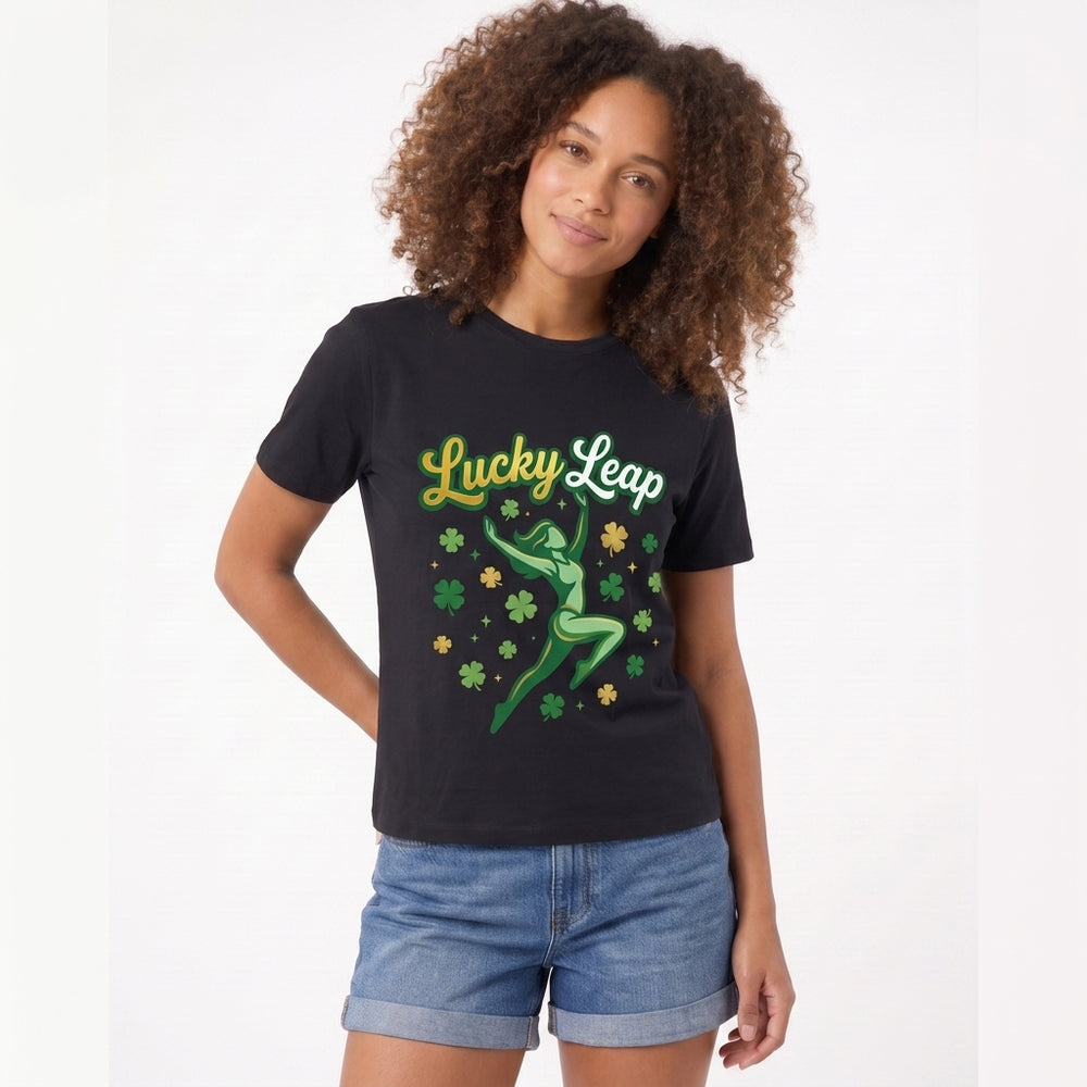Lucky Leap Stylized Leap With Clovers Black T-Shirt mockup 2