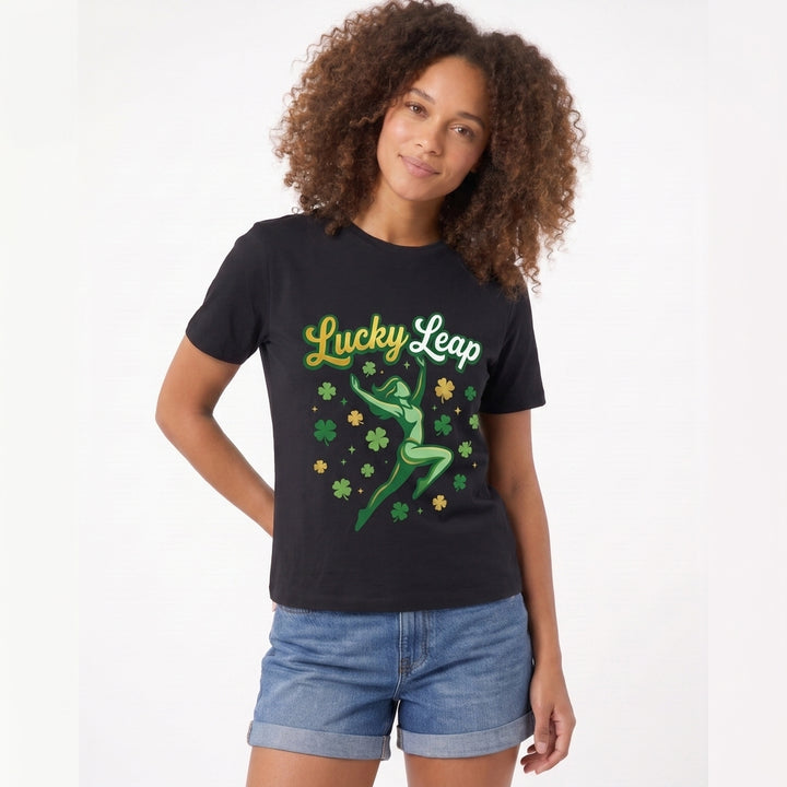 Lucky Leap Stylized Leap With Clovers Black T-Shirt mockup 2