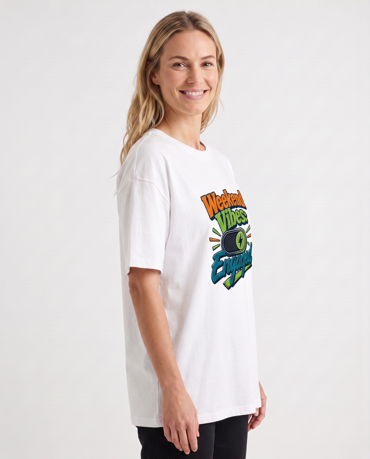 Weekend Vibes: Engaged White T-Shirt mockup 2