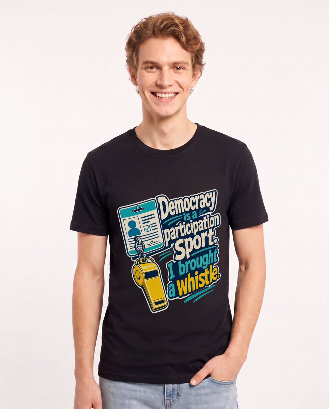 Political Statement Men's Black T-Shirt – Democracy is a participation sport. I brought a whistle. product image 1