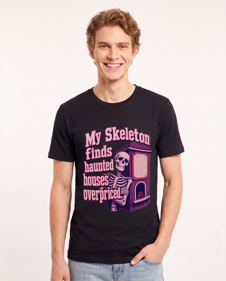 Funny Halloween Men's Black T-Shirt – My skeleton finds haunted houses overpriced product image 1