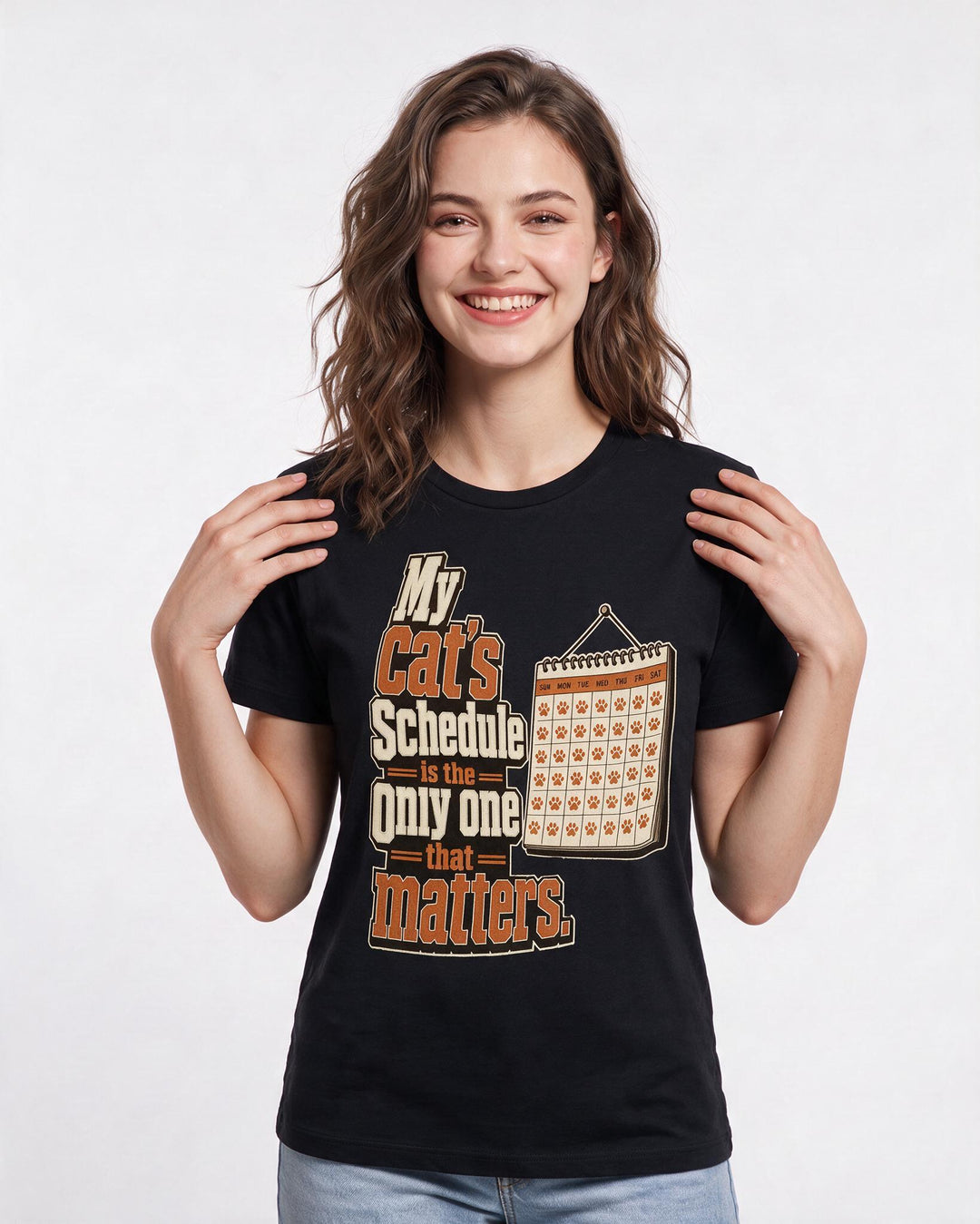 Cat Lover Women's Black T-Shirt – My cat's schedule is the only one that matters. product image 3