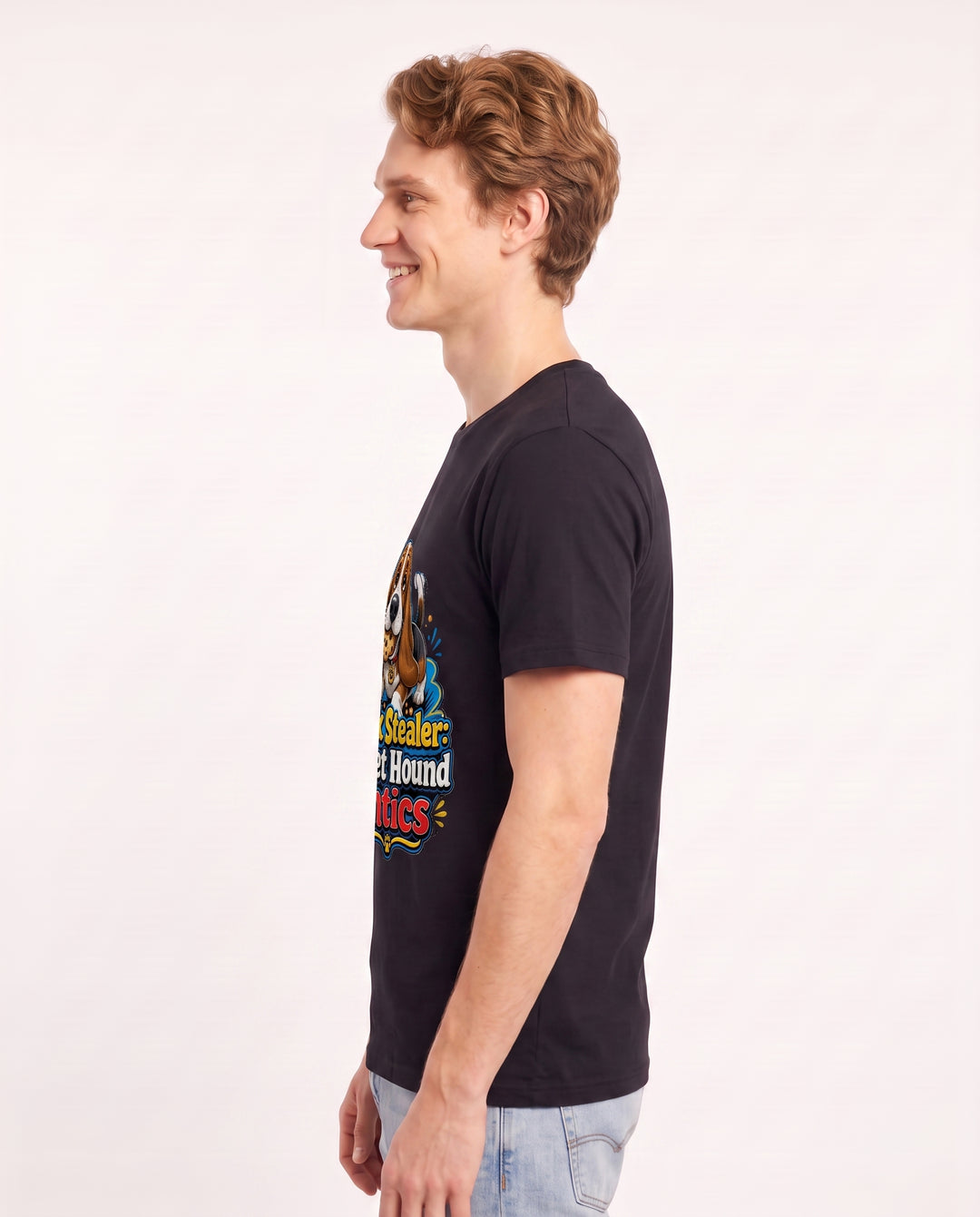 Snack Stealer: Basset Hound Antics Men's Black T-Shirt product image 3