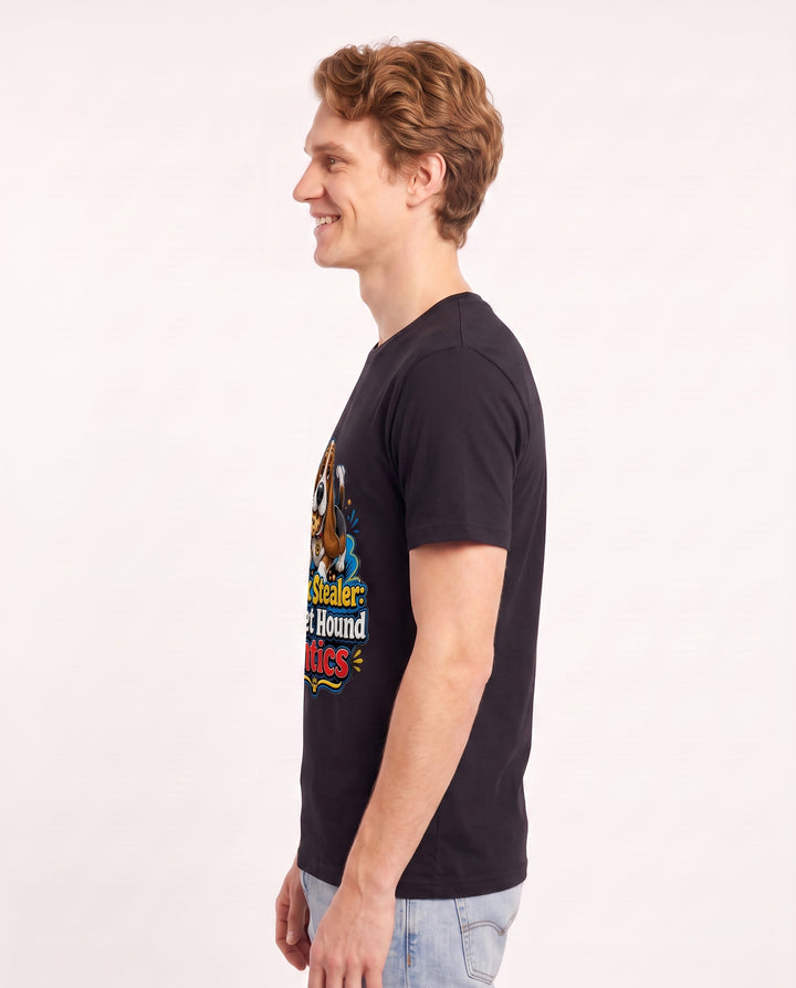 Snack Stealer: Basset Hound Antics Men's Black T-Shirt product image 3
