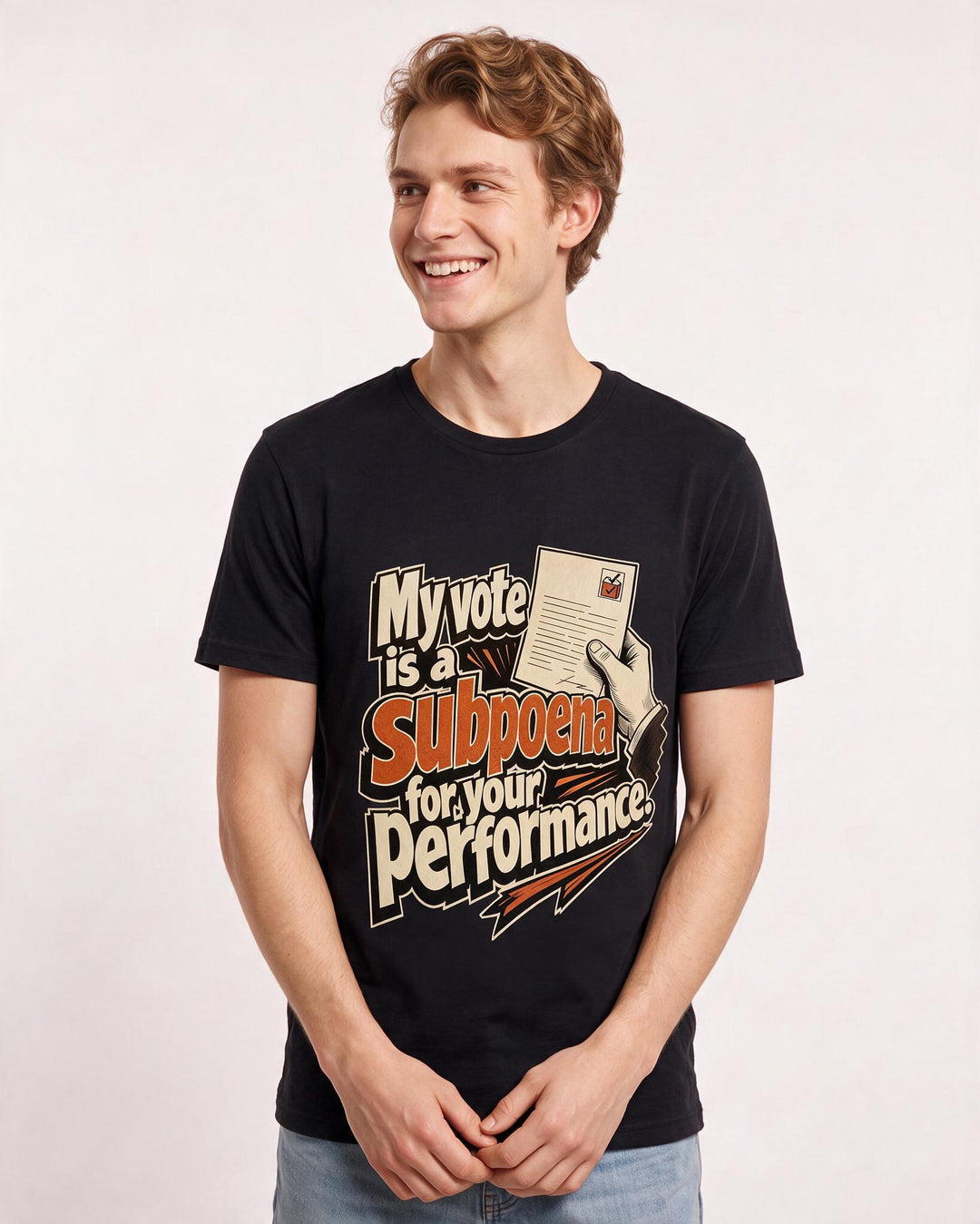 Political Statement Men's Black T-Shirt – My vote is a subpoena for your performance. product image 3
