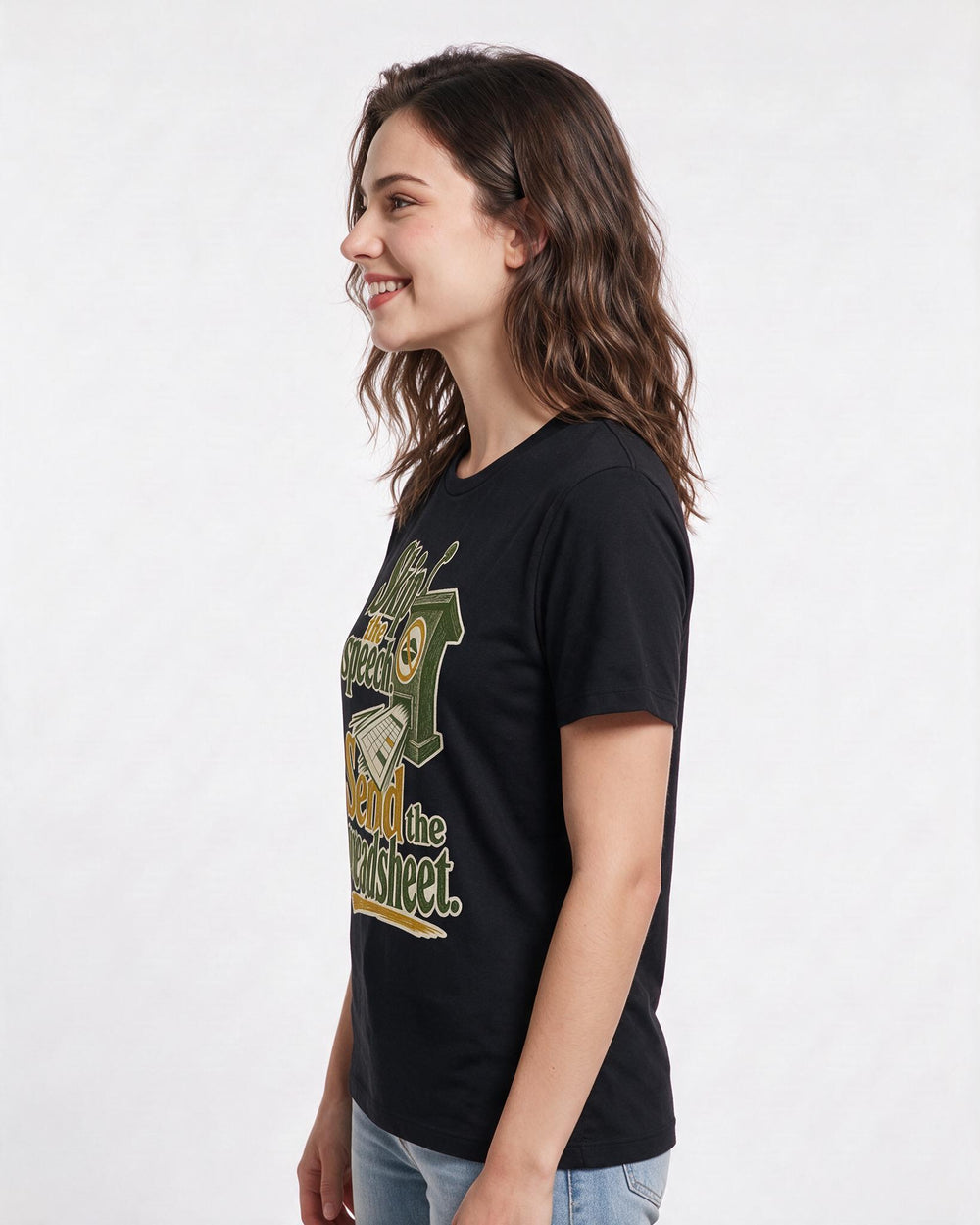Political Statement Women's Black T-Shirt – Skip the speech. Send the spreadsheet. product image 2