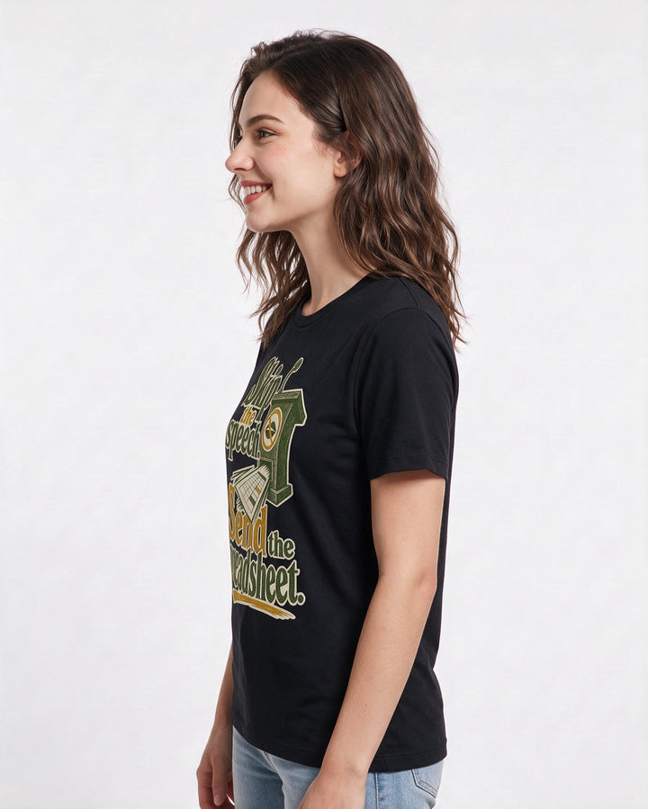 Political Statement Women's Black T-Shirt – Skip the speech. Send the spreadsheet. product image 2