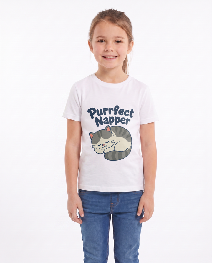 Purrfect Napper White T-Shirt mockup 1