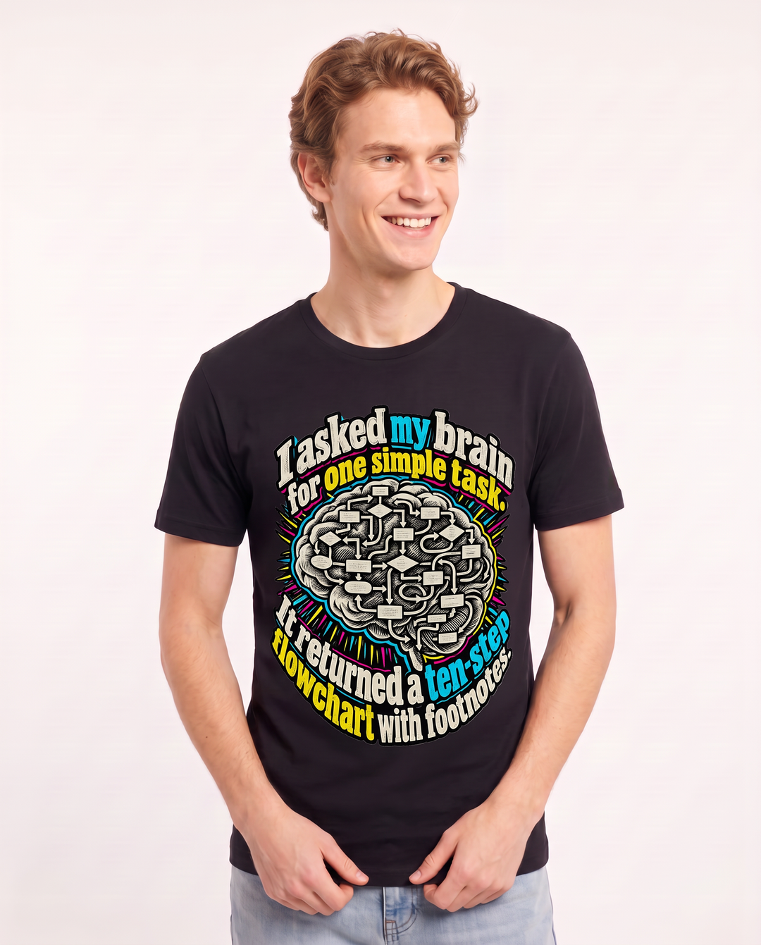 I asked my brain for one simple task. It returned a ten-step flowchart with footnotes. Men's Black T-Shirt product image 1