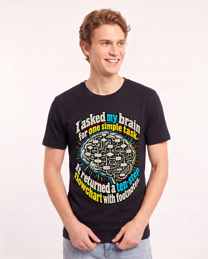 I asked my brain for one simple task. It returned a ten-step flowchart with footnotes. Men's Black T-Shirt product image 1
