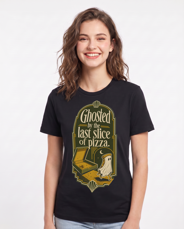 Funny Halloween Women's Black T-Shirt – Ghosted by the last slice of pizza. product image 1