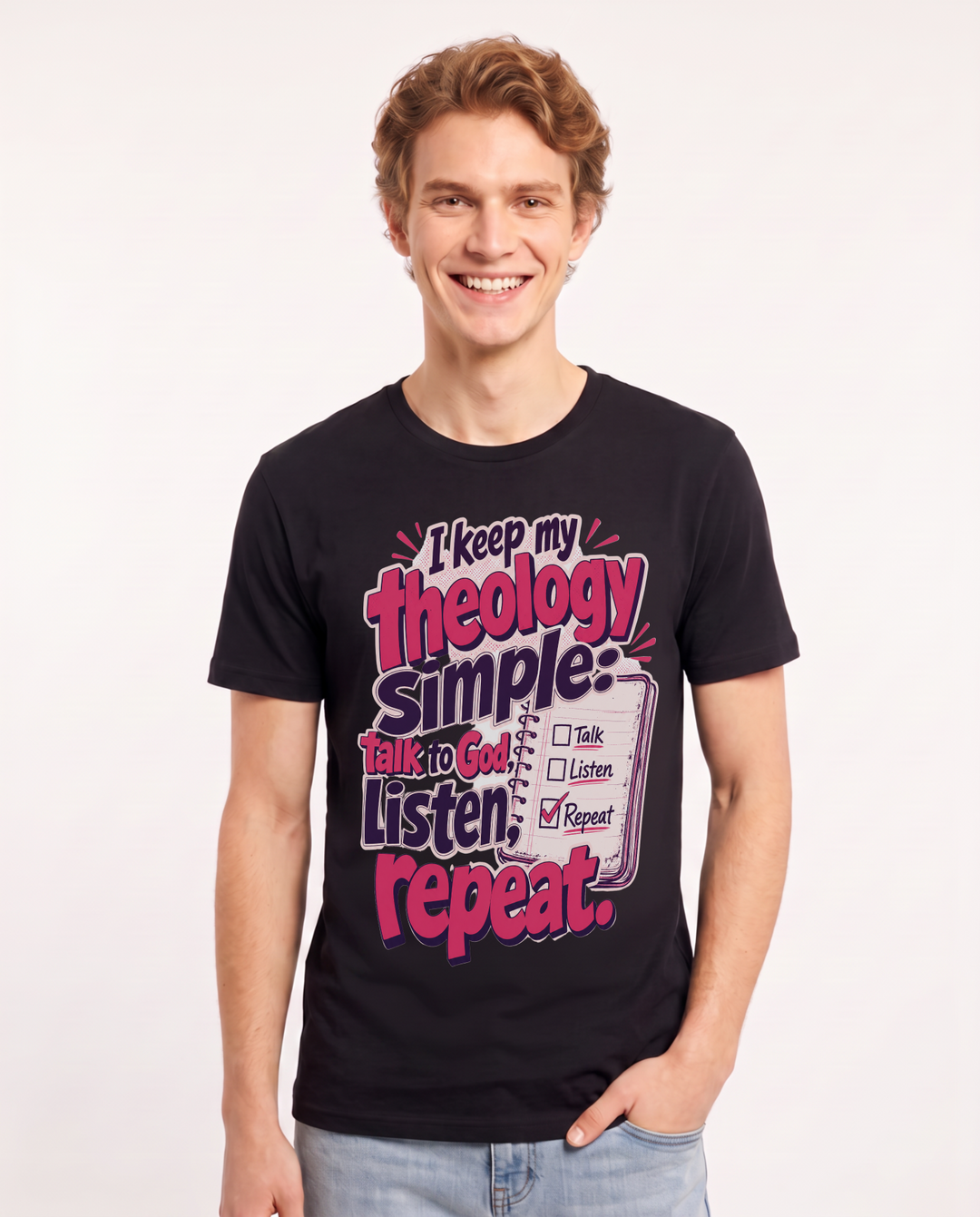 Christian Faith Men's Black T-Shirt – I keep my theology simple: talk to God, listen, repeat. product image 1
