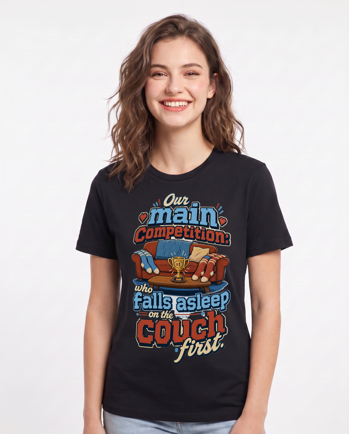 Funny Couples Women's Black T-Shirt – Our main competition: who falls asleep product image 1