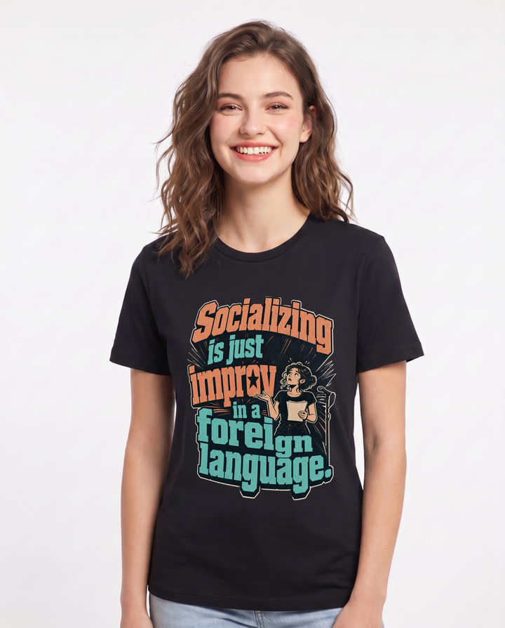 Neurodiversity Women's Black T-Shirt – Socializing is just improv in a foreign language. product image 1