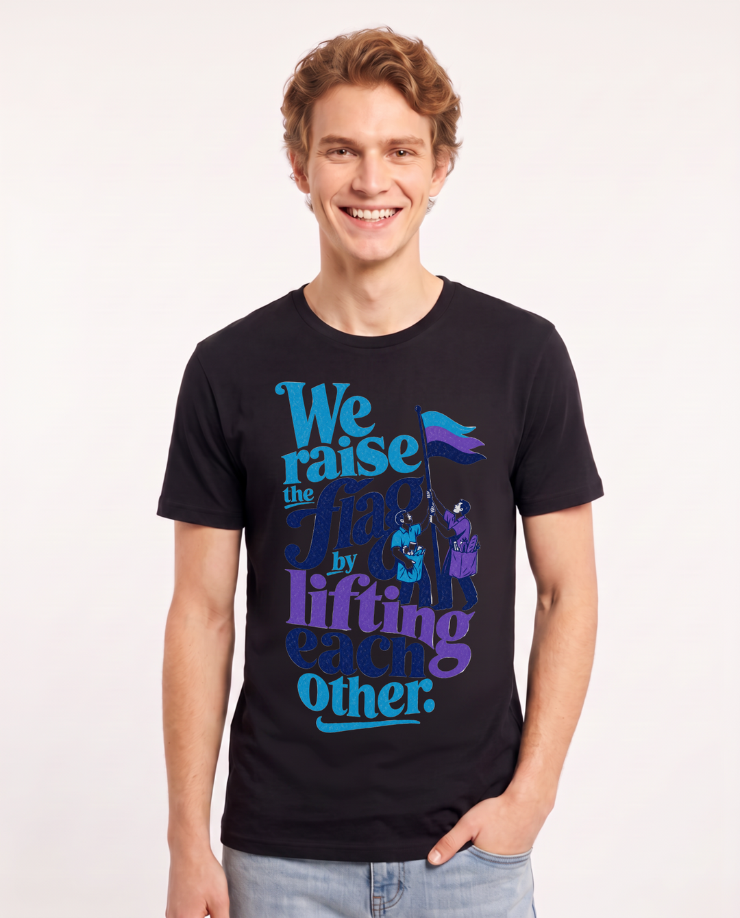 Patriotic Men's Black T-Shirt – We raise the flag by lifting each other product image 1