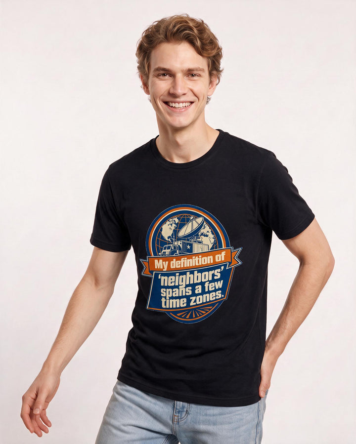 Graphic Men's Black T-Shirt - My definition of 'neighbors' spans a few product image 3
