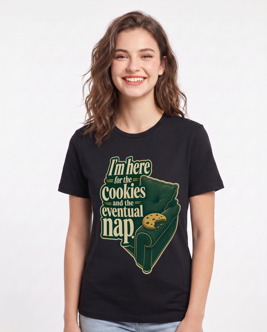 Funny Christmas Women's Black T-Shirt – I’m here for the cookies and the eventual nap. product image 1