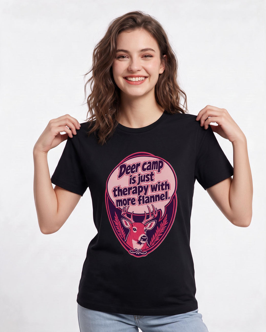Hunting Women's Black T-Shirt - Deer camp is just therapy with more product image 3
