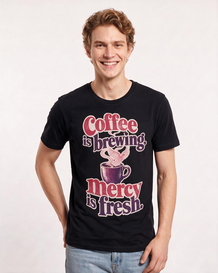 Christian Faith Men's Black T-Shirt – Coffee is brewing, mercy is fresh. product image 3