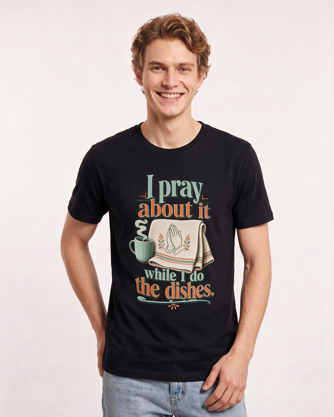Christian Faith Men's Black T-Shirt – I pray about it while I do the dishes. product image 3