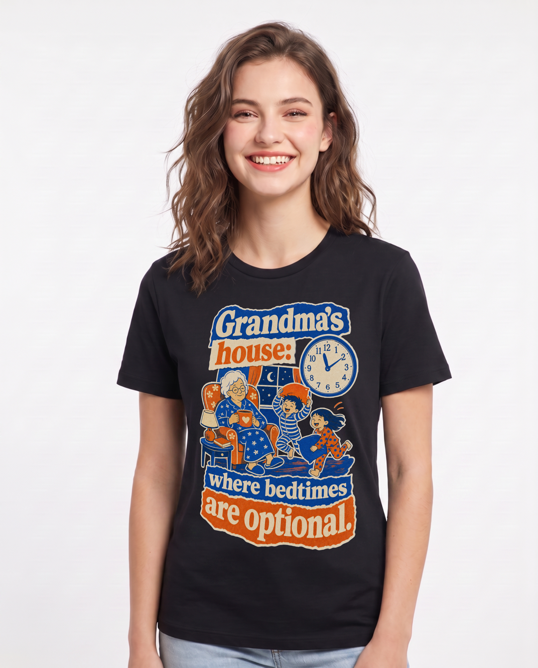 Grandparent Women's Black T-Shirt – Grandma's house: where bedtimes are optional. product image 1