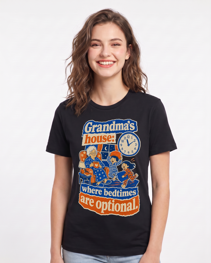 Grandparent Women's Black T-Shirt – Grandma's house: where bedtimes are optional. product image 1