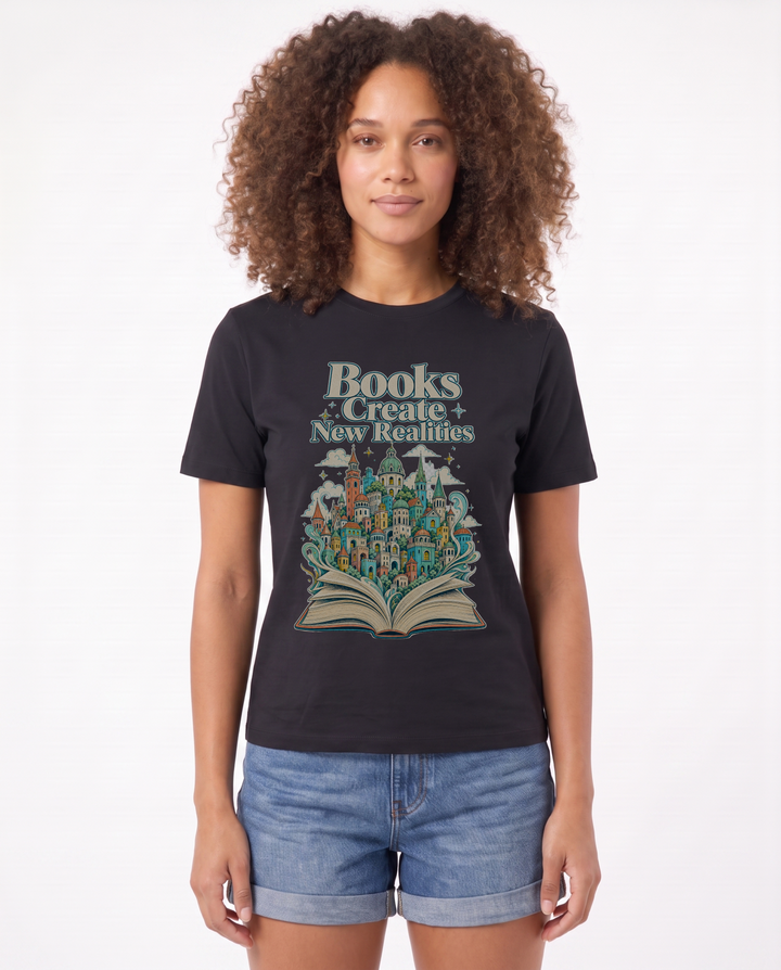Books Create New Realities Black T-Shirt mockup 1