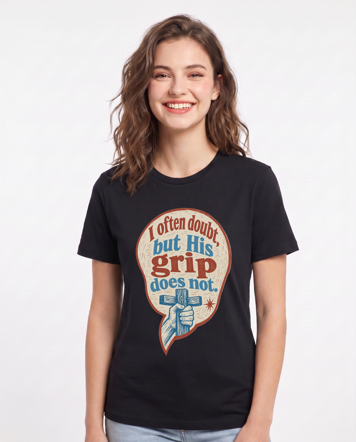 Graphic Women's Black T-Shirt - I often doubt, but His grip does not. product image 1