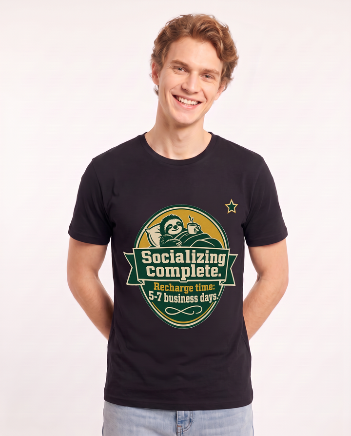 Graphic Men's Black T-Shirt - Socializing complete. Recharge time: 5-7 product image 3