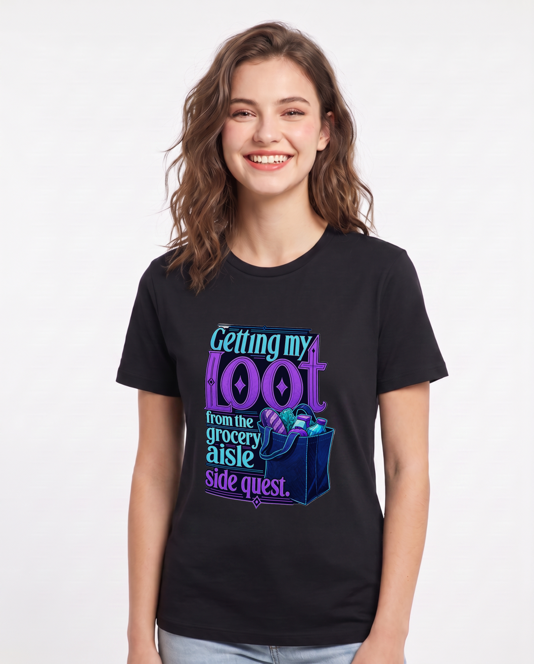 Gaming Women's Black T-Shirt – Getting my loot from the grocery aisle side quest. product image 1