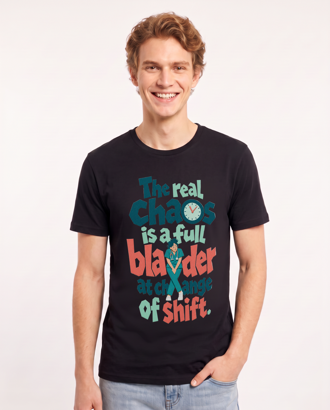 Funny Nurse Men's Black T-Shirt – The real chaos is a full bladder at change of shift. product image 1