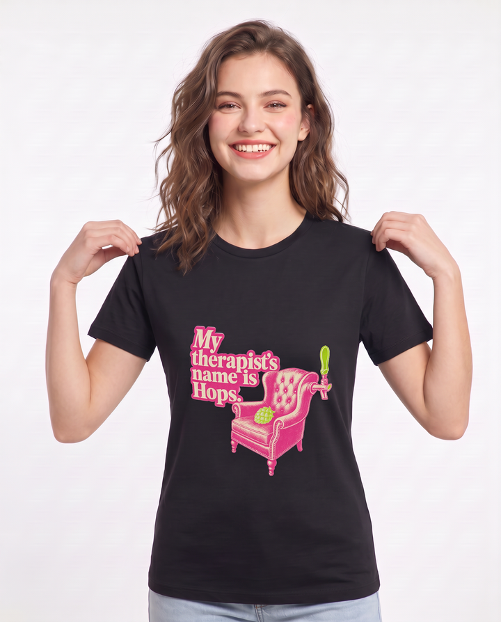 My therapist's name is Hops. - Women's Black T-Shirt product image 1