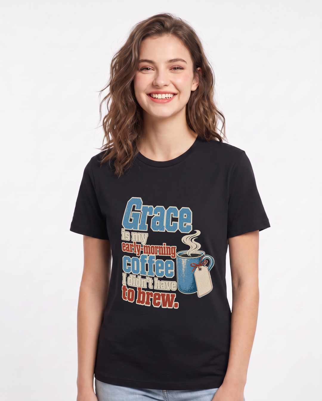 Christian Faith Women's Black T-Shirt – Grace is my early-morning coffee I didn't have to brew. product image 1