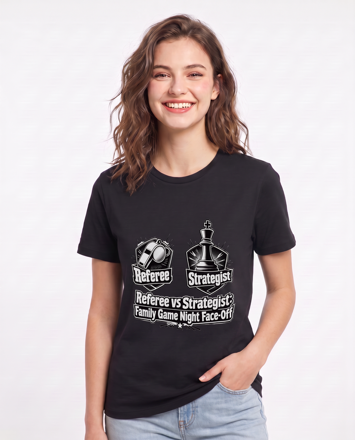 Referee vs Strategist: Family Game Night Face-Off Women's Black T-Shirt product image 1