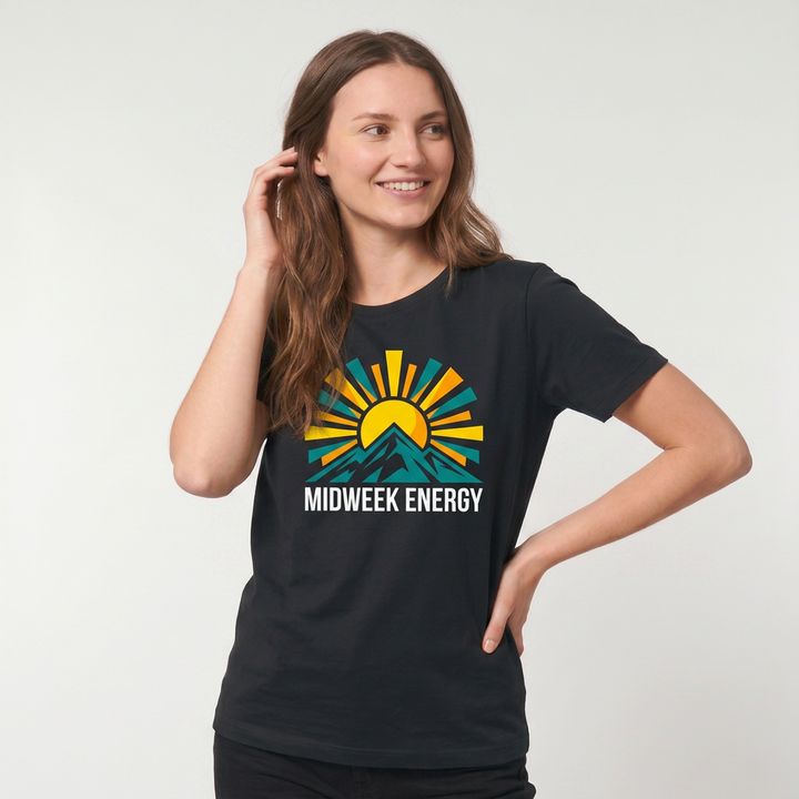 Bold Rising Sun Over Stylized Mountain Black T-Shirt mockup 1