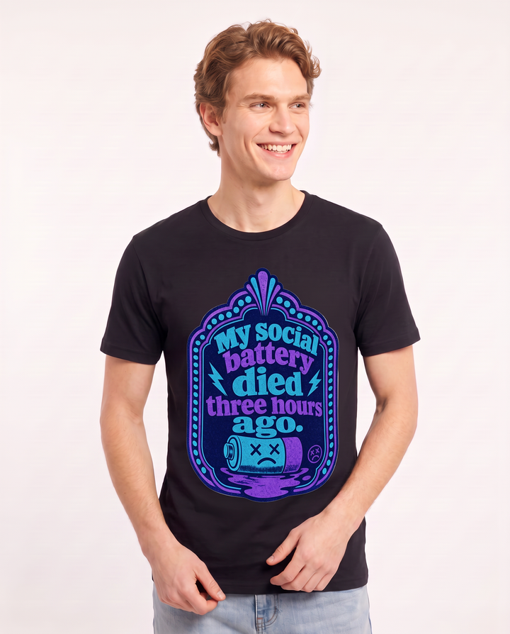 Graphic Men's Black T-Shirt - My social battery died three hours ago. product image 3