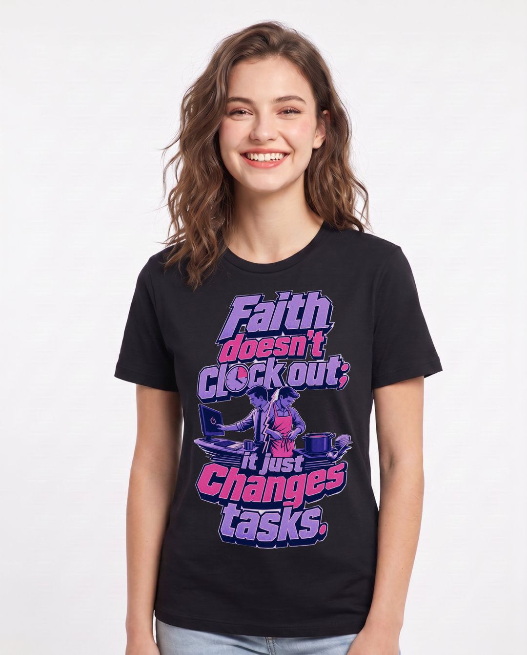 Christian Faith Women's Black T-Shirt – Faith doesn't clock out; it just product image 1