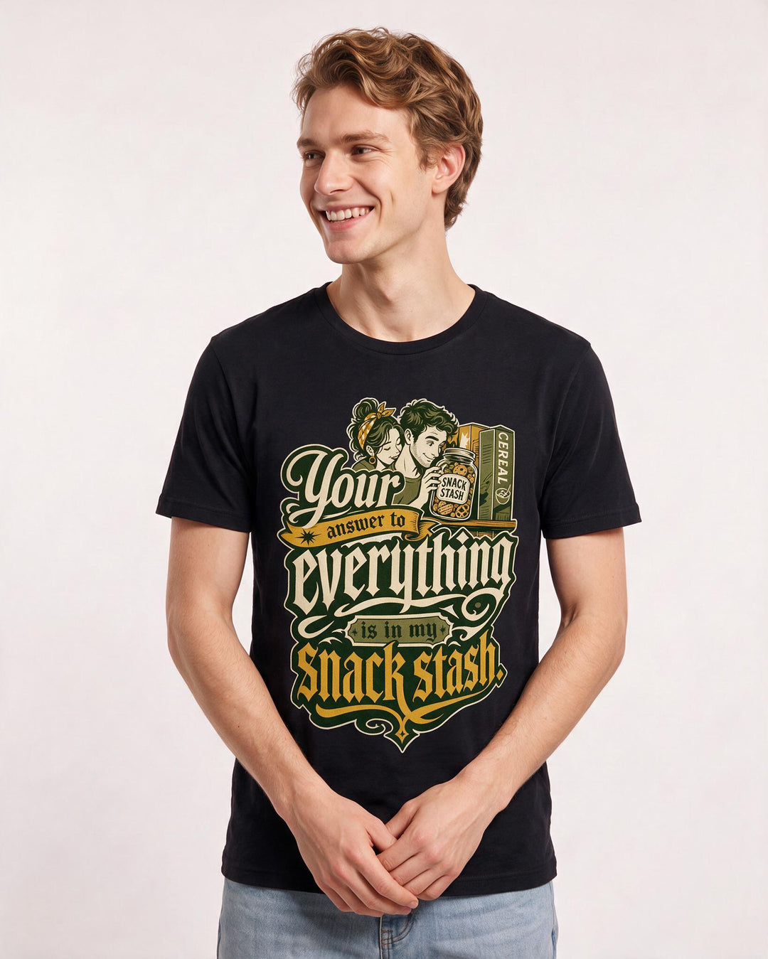Funny Couples Men's Black T-Shirt – Your answer to everything is in my snack product image 3