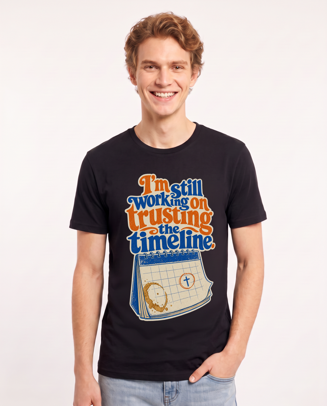 Christian Faith Men's Black T-Shirt – "I'm still working on trusting the timeline." product image 1