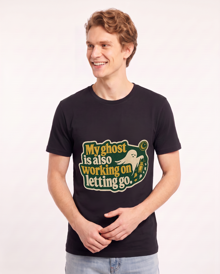 Halloween Men's Black T-Shirt - My ghost is also working on letting product image 3