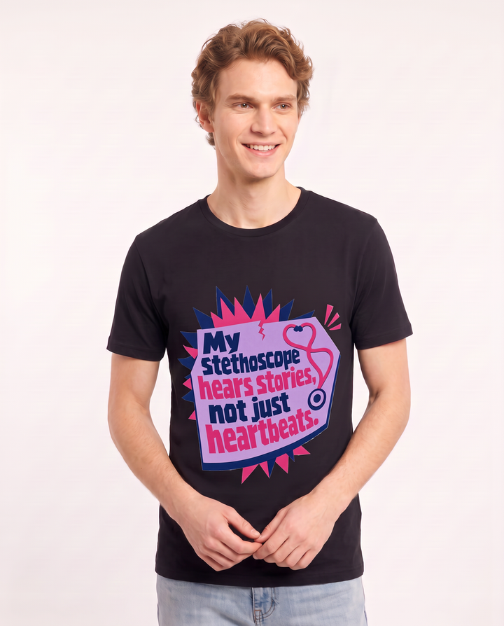 Nurse Gift Men's Black T-Shirt - My stethoscope hears stories, not product image 3