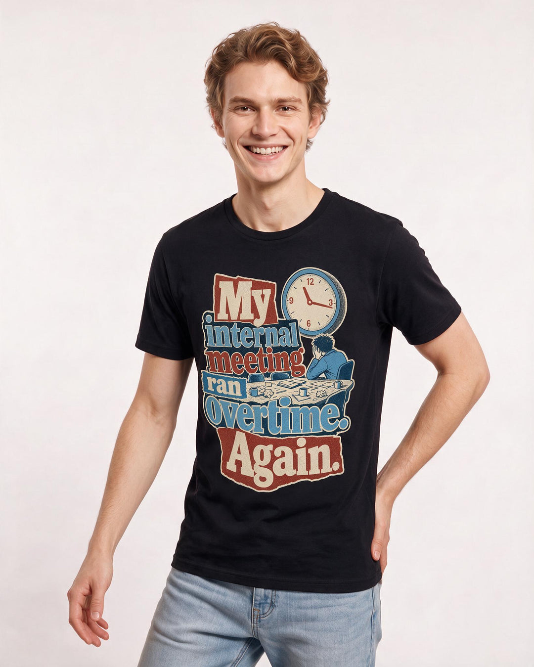 Funny Meme Men's Black T-Shirt – My internal meeting ran overtime. Again. product image 3