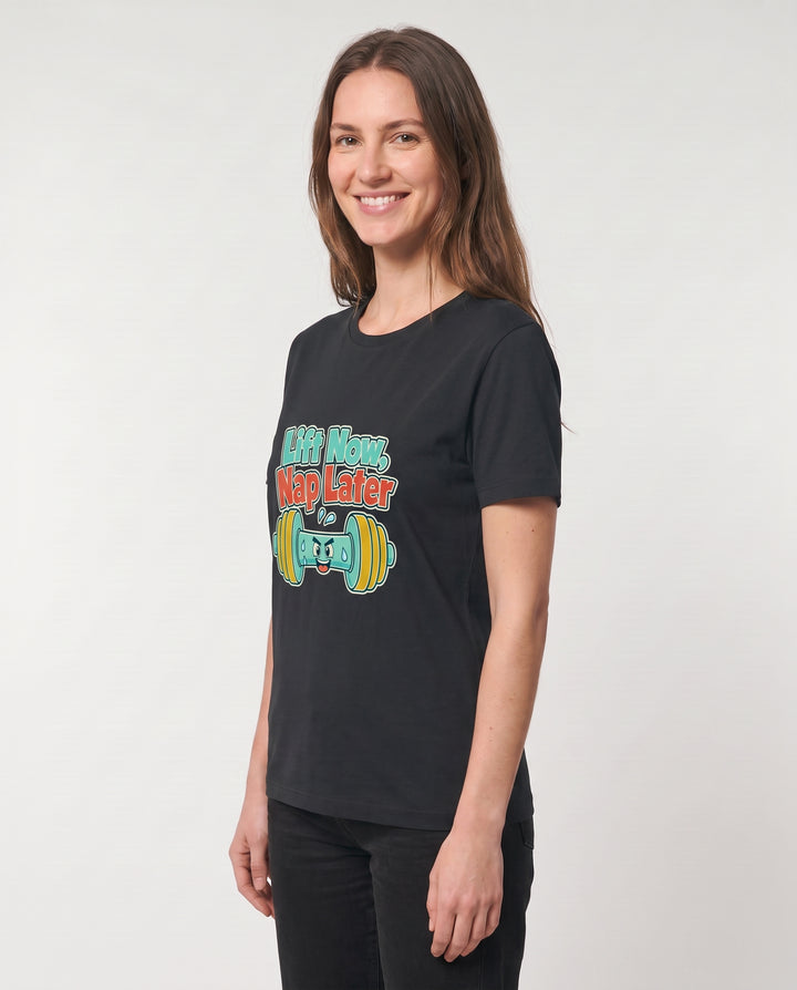 Lift Now, Nap Later Black T-Shirt mockup 2