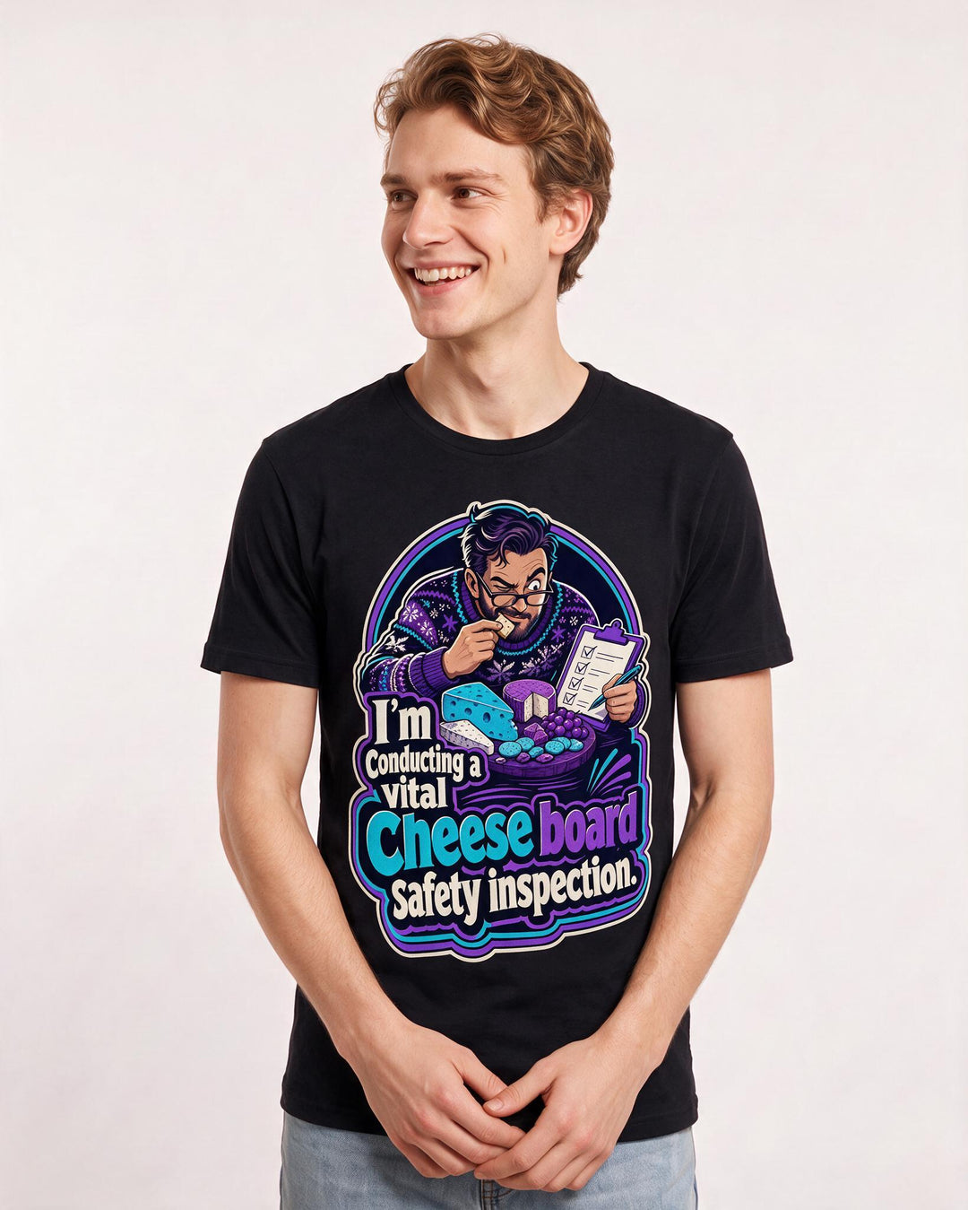 Funny Christmas Men's Black T-Shirt – I'm conducting a vital cheese board safety inspection. product image 3