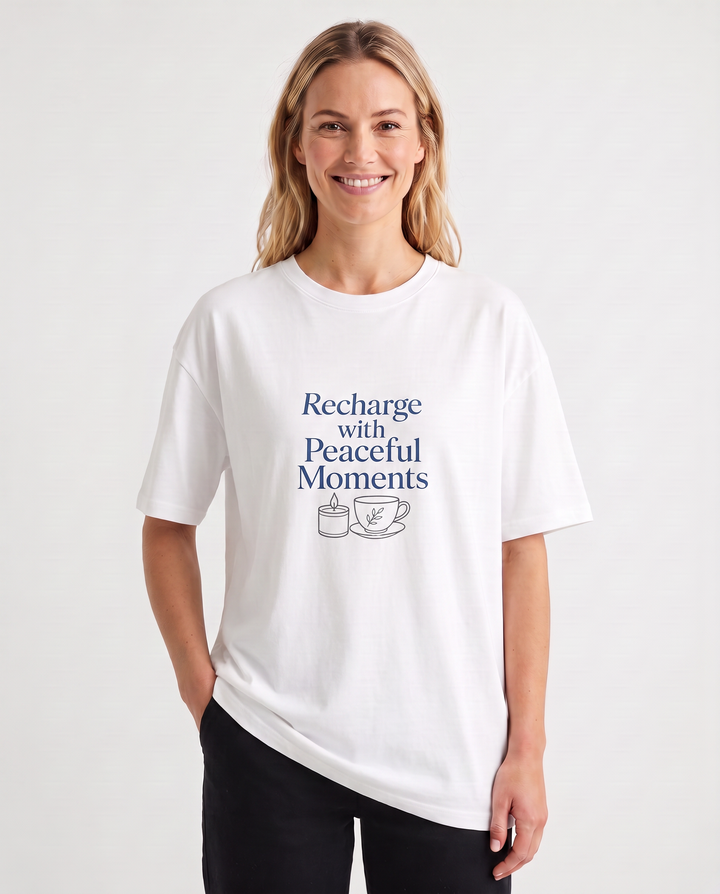 Recharge With Peaceful Moments White T-Shirt mockup 3
