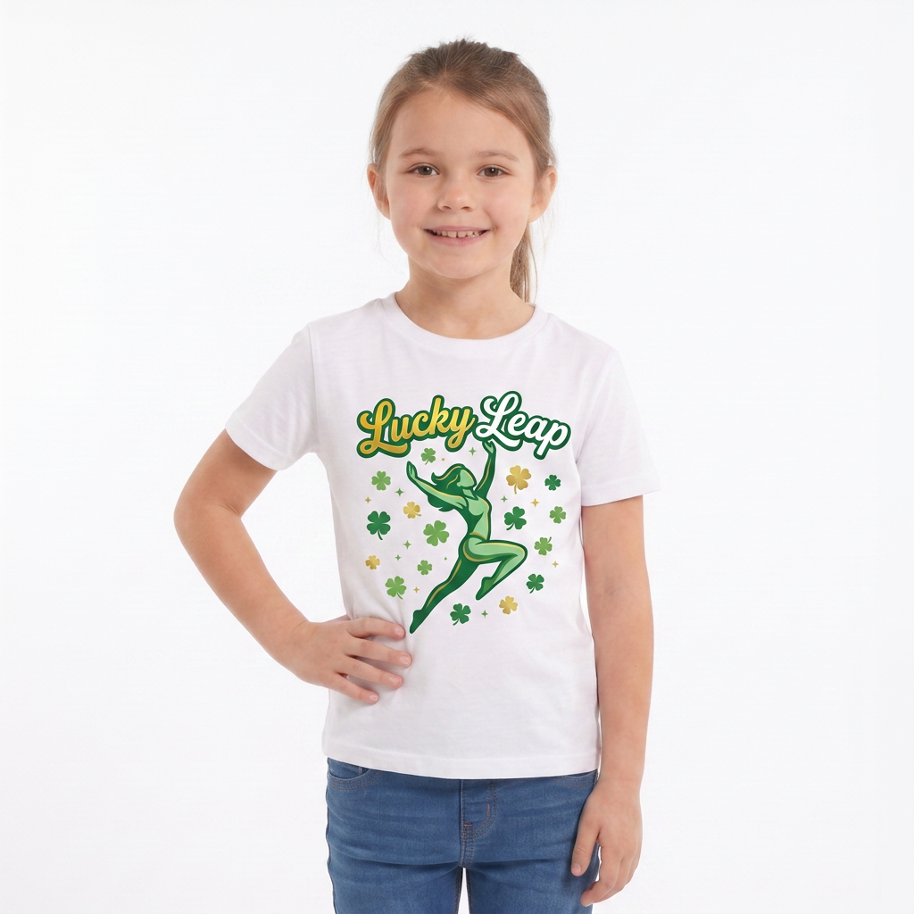 Lucky Leap Stylized Leap With Clovers White T-Shirt mockup 2