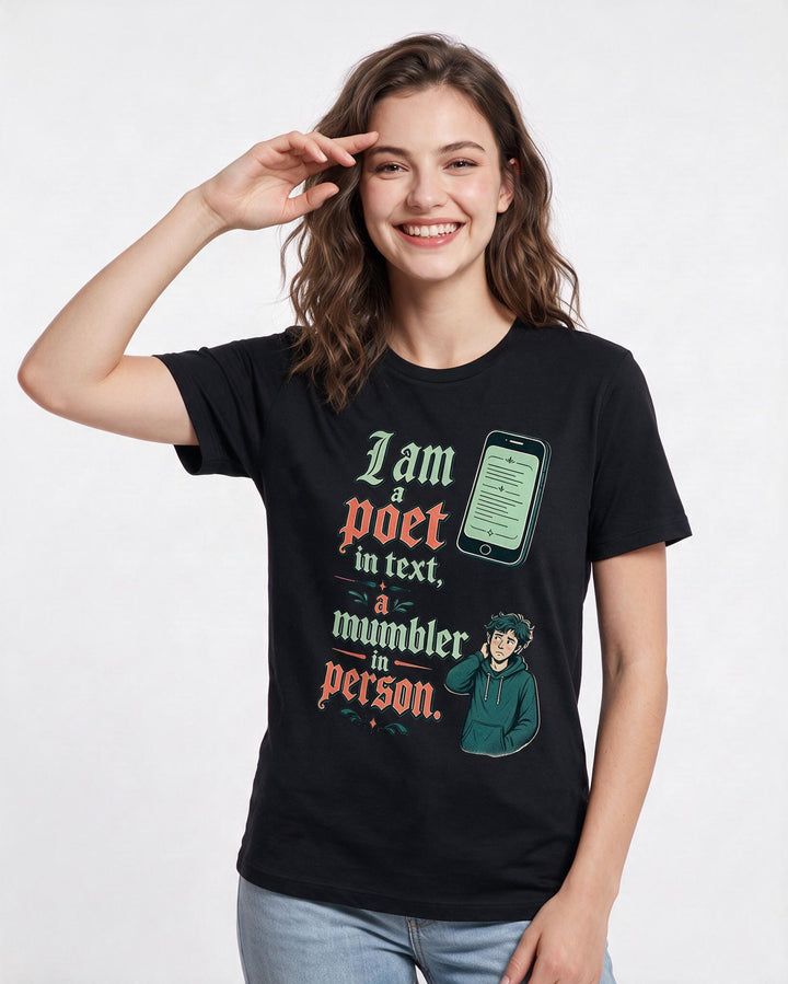 Neurodiversity Women's Black T-Shirt – I am a poet in text, a mumbler in person. product image 3