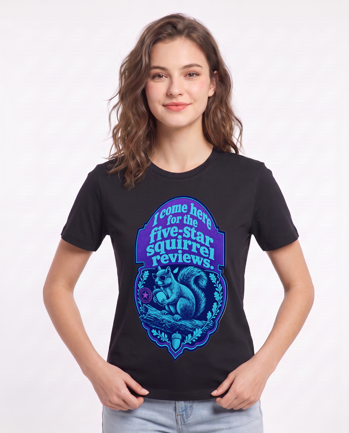 Hunting Women's Black T-Shirt - I come here for the five-star squirrel product image 3