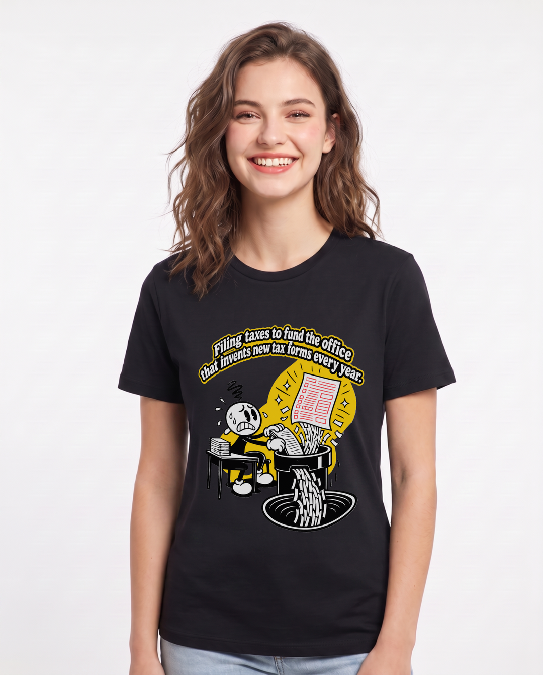 Filing taxes to fund the office that invents new tax forms every year. Women's Black T-Shirt product image 2